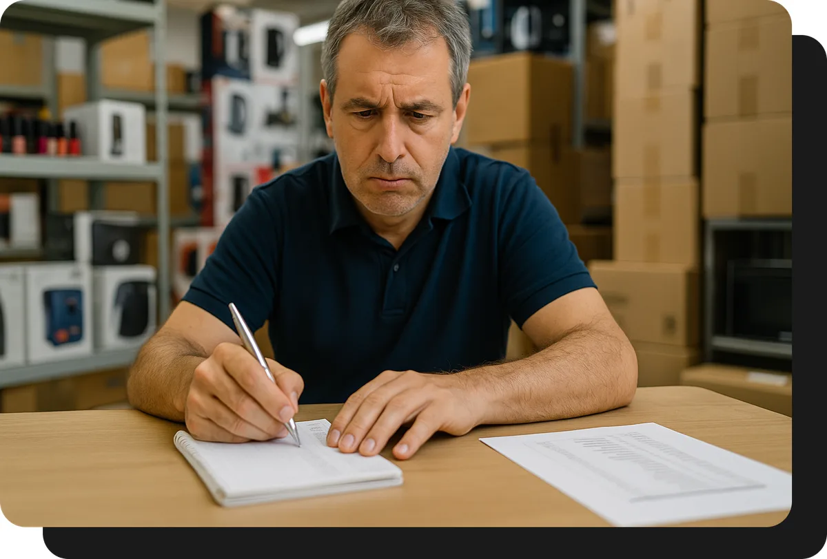 Mayorista de tecnología y electrodomésticos tomando pedido a mano sin ventasxmayor.com.ar