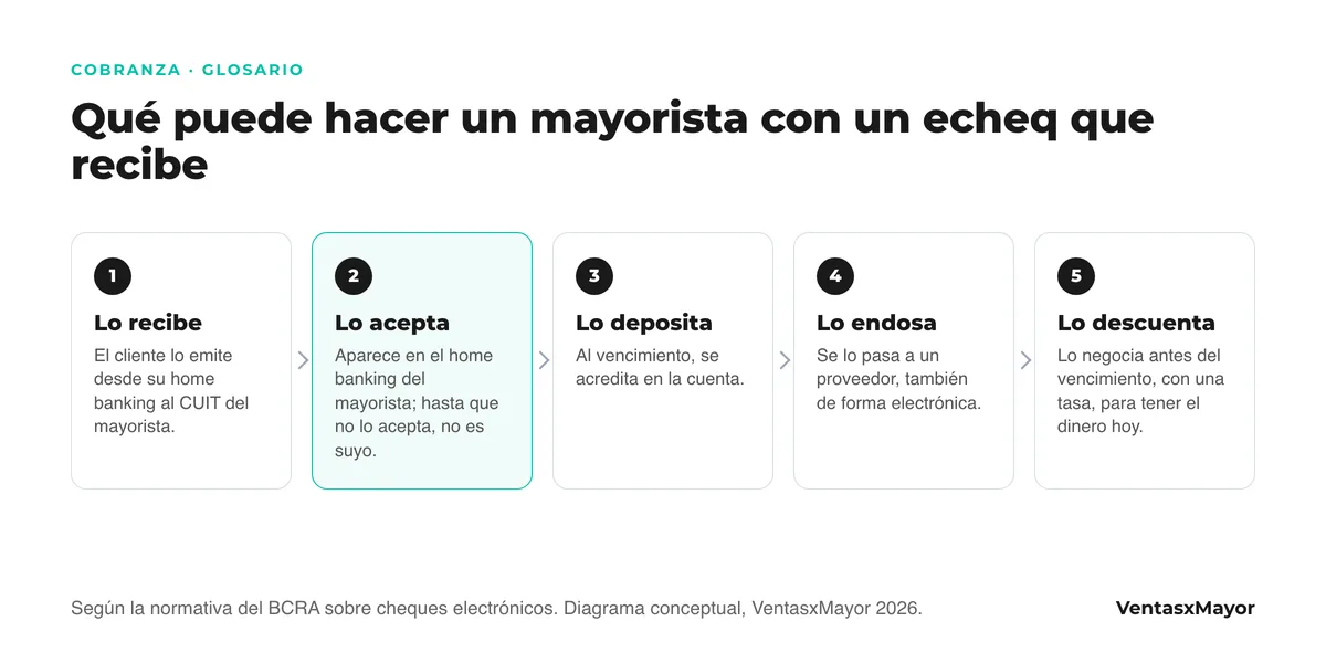 Diagrama en cinco pasos: el mayorista recibe el echeq, lo acepta en el home banking, y luego lo deposita al vencimiento, lo endosa a un proveedor o lo descuenta antes
