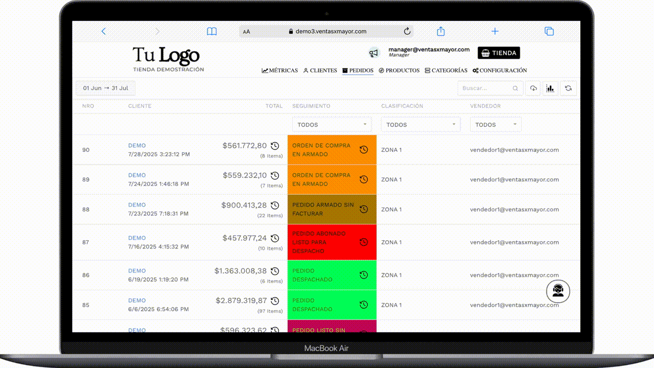 Panel de administración de pedidos mayoristas en VentasxMayor
