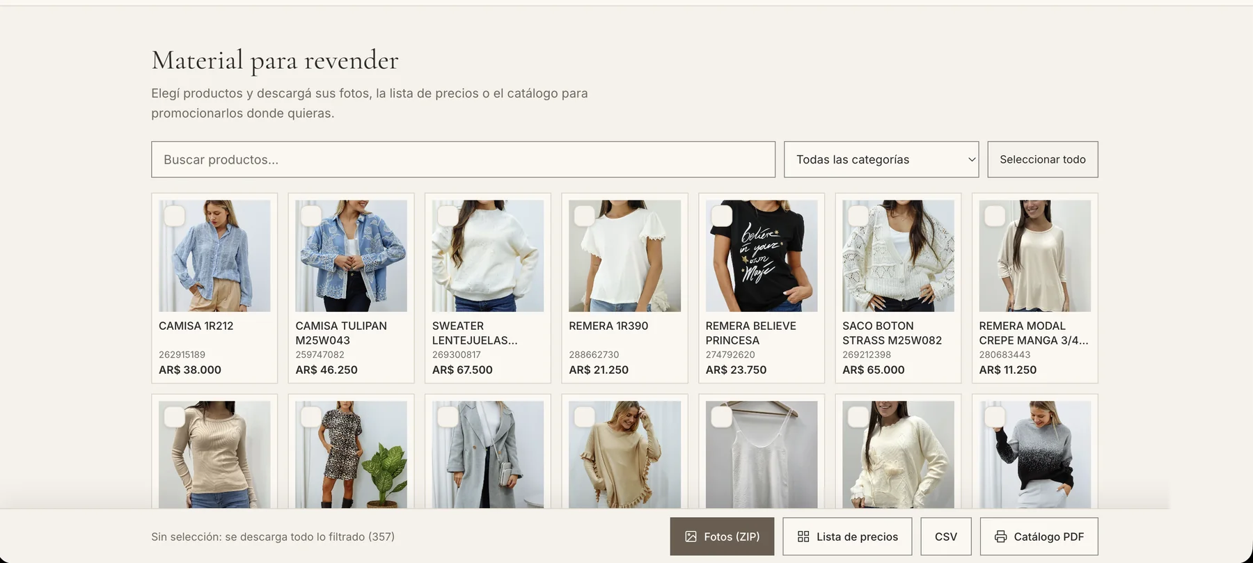 Pantalla Material para revender de una tienda mayorista de indumentaria: los productos se marcan con un tilde y la barra inferior descarga fotos en ZIP, lista de precios, CSV y catálogo PDF