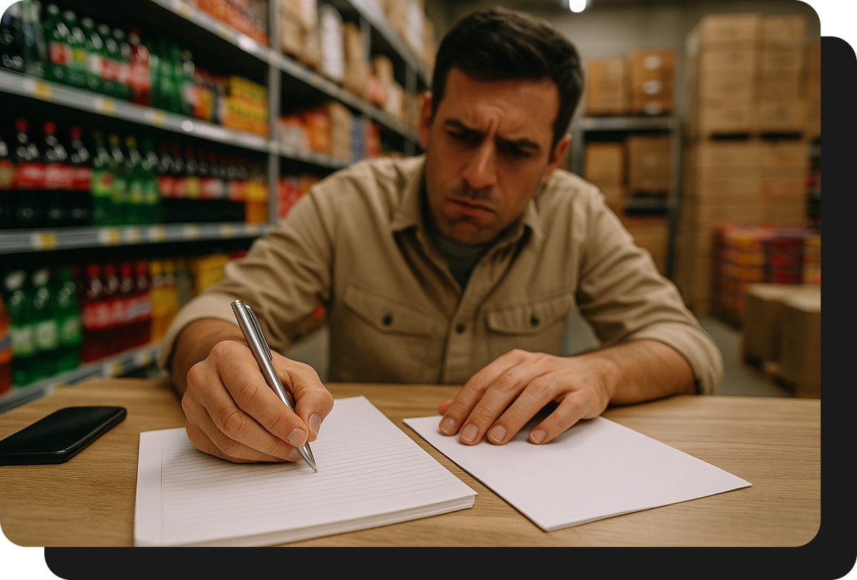 mayorista de alimentos y bebidas tomando pedido a mano sin ventasxmayor.com.ar