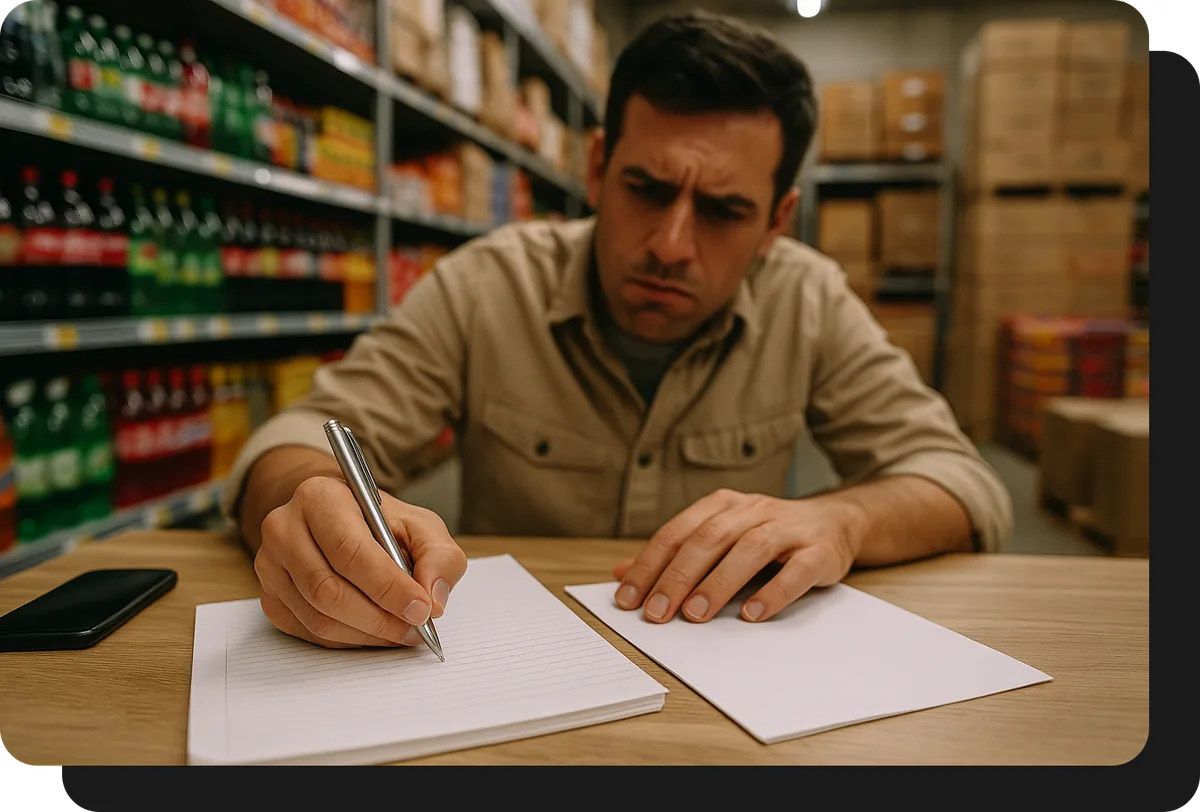 mayorista de alimentos y bebidas tomando pedido a mano sin ventasxmayor.com.ar