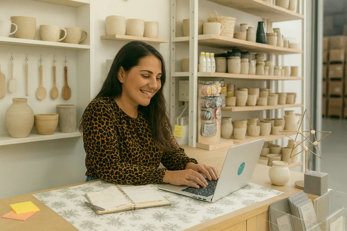Comerciante revisando en su notebook el correo de un proveedor mayorista B2B enviado desde una dirección con dominio propio