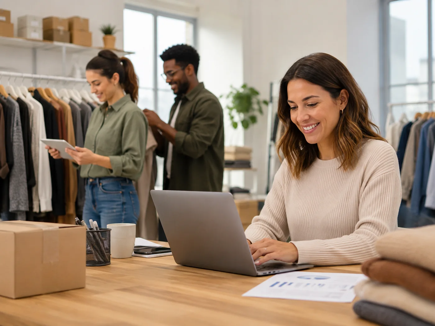 Equipo de un mayorista B2B trabajando con notebooks y pedidos en el depósito, cada uno con su propio acceso a la tienda